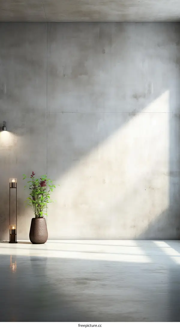 Rays of Light Shining Through a Window Onto a Plant in a Room with a Concrete Wall