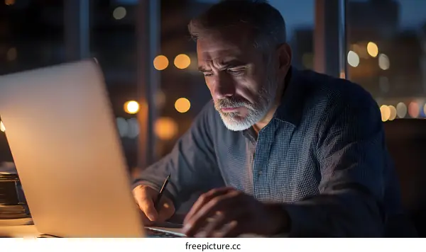 Senior Man Working on Laptop at Night