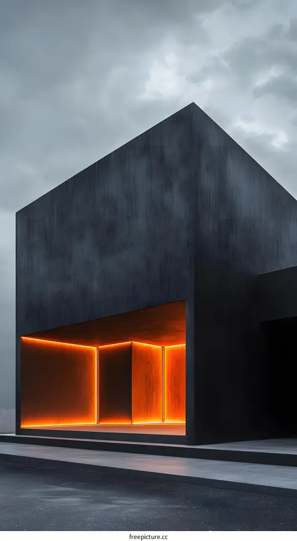 Minimalist Black Building with Orange Lights