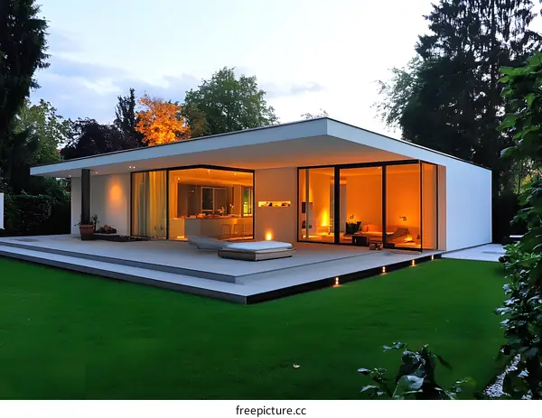 Modern Home with Large Windows and Green Lawn