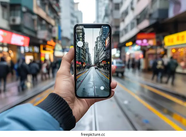 Hand Holding Smartphone Taking Photo of Street in Hong Kong