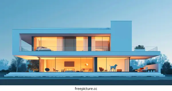 Modern house exterior with glass windows and a terrace