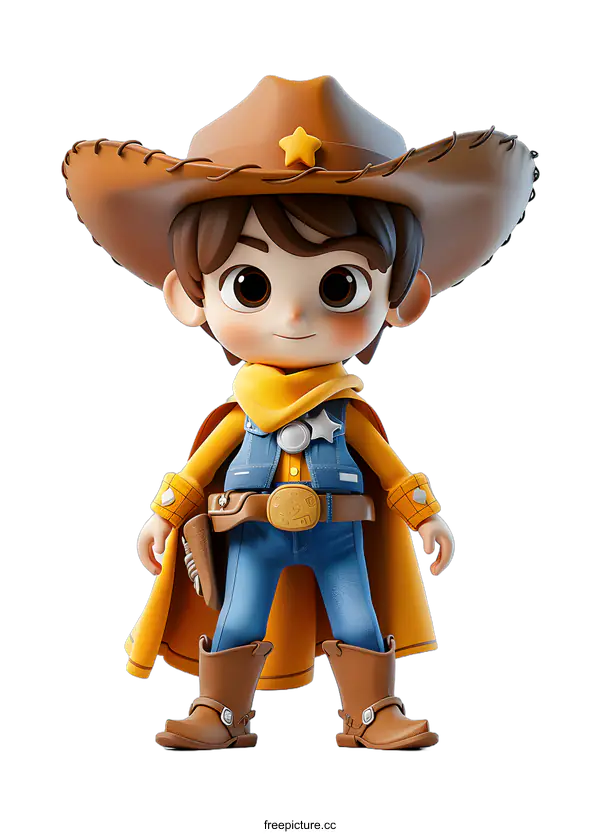 [Transparent Background PNG]A 3D rendering of a child wearing a cowboy hat, cowboy boots, and a yellow cape.