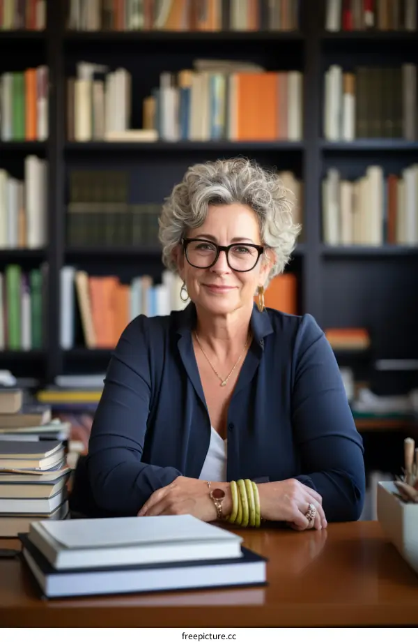 Portrait of a middle-aged woman with short gray hair and glasses sitting at a desk in a library.