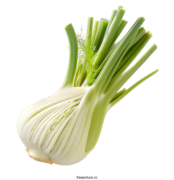 [Transparent Background PNG]Close up of a white bulb of fennel with green stalks and fronds