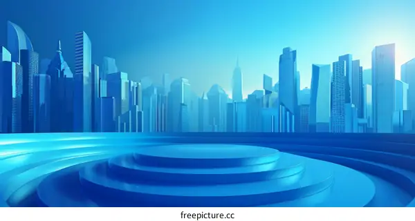 Abstract Blue Background with Cityscape Skyline and Circular Platform