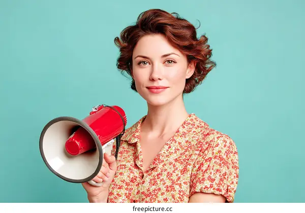 Woman Holding a Megaphone Against a Teal Background