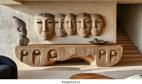 Wooden Sculptures and Carved Console Table in a Beige Interior