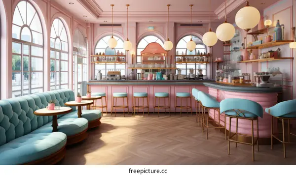 Retro Cafe Interior Design in Pastel Pink and Blue
