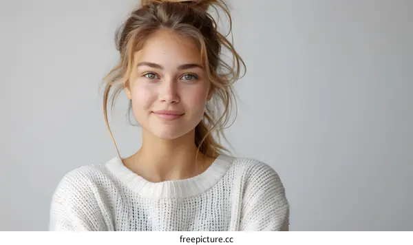 portrait of a young blonde woman in a white sweater