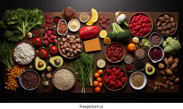A variety of healthy food on a wooden table