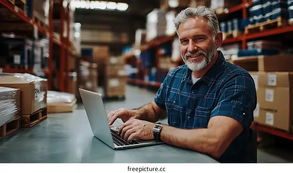 Warehouse Worker Using Laptop in a Busy Warehouse
