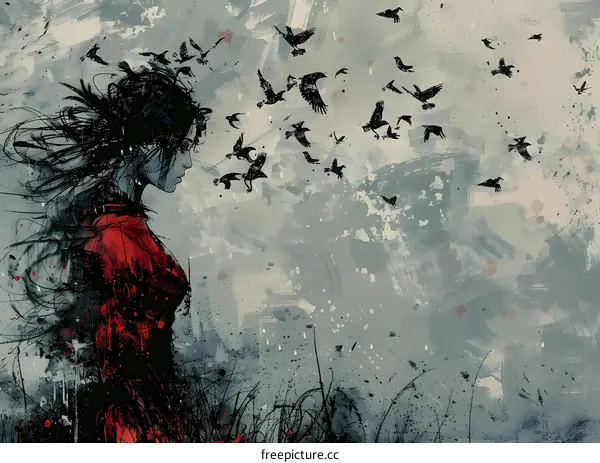 alone girl with black crows flying from her head