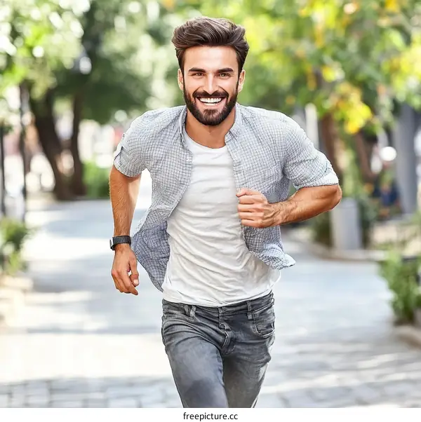 Smiling Man Running Down City Street
