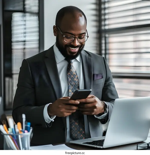 African American Businessman in Suit Using Smartphone at Desk