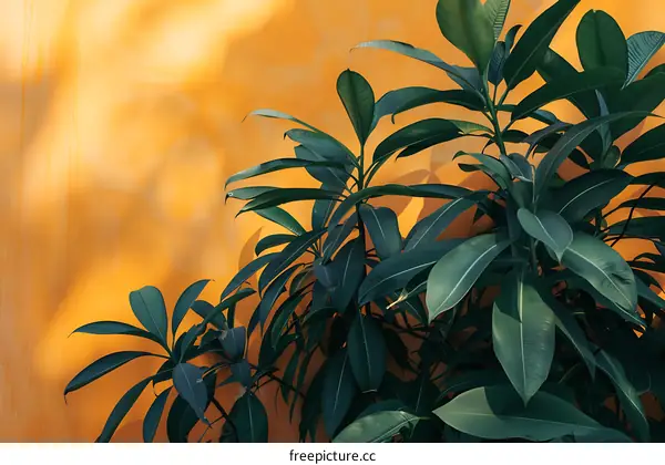 Green Plants Against Yellow Wall in Sunny Day