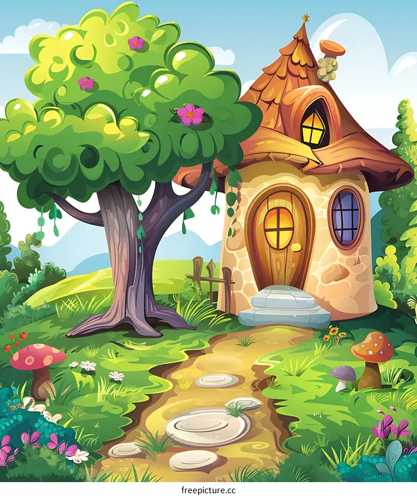 Cartoon Illustration of a Stone House in a Green Forest