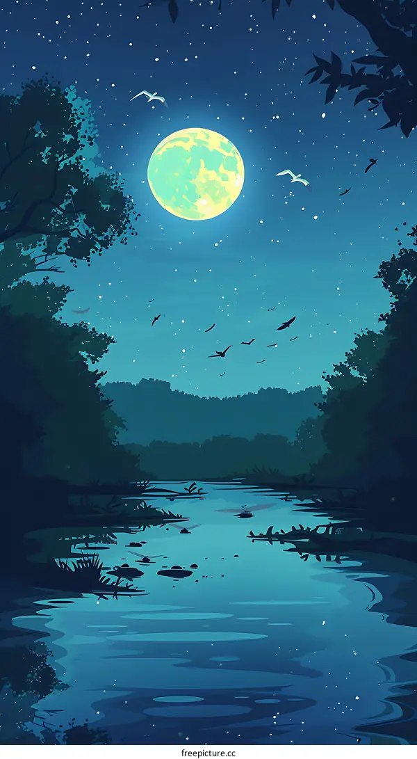 Night Sky with Full Moon and River