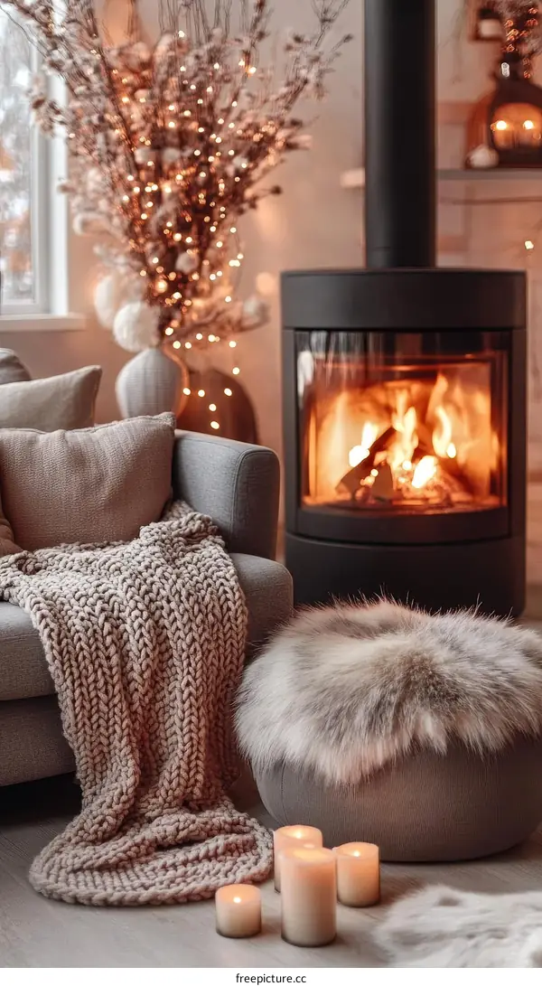 Cozy Winter Living Room with Fireplace and Warm Decor