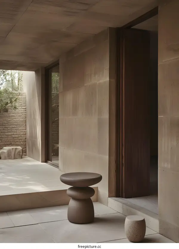 Modern Minimalist Patio With Concrete Wall and Wooden Door