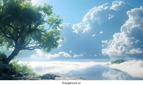 The beautiful landscape of a lake and a tree