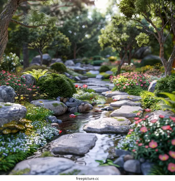 Tranquil Garden Path with Running Water