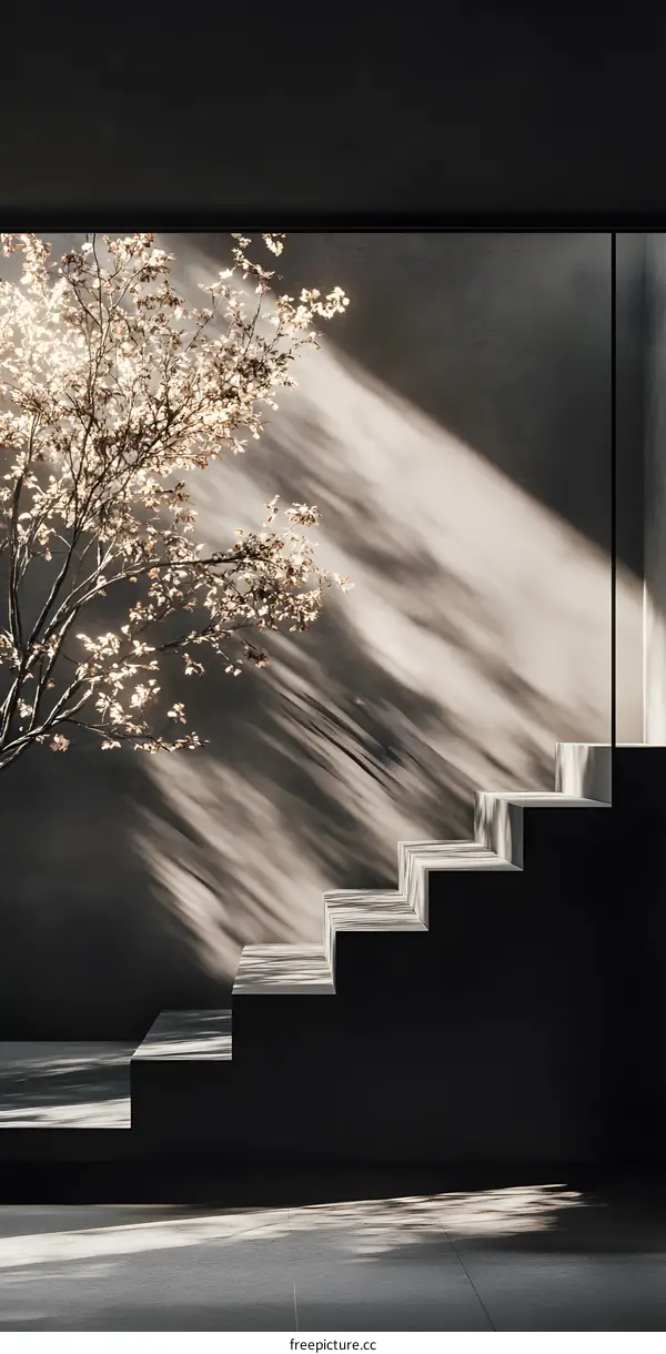 Minimalist Concrete Stairs and Tree Shadow