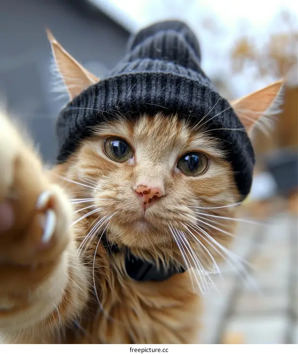 A ginger cat wearing a black beanie