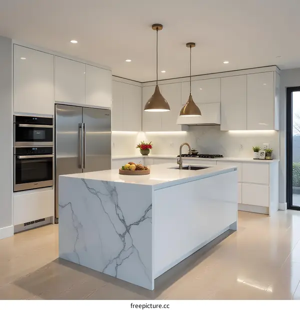 Modern White Kitchen with Marble Island and Pendant Lights