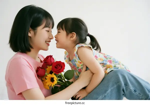 A mother and daughter sharing a sweet moment with flowers