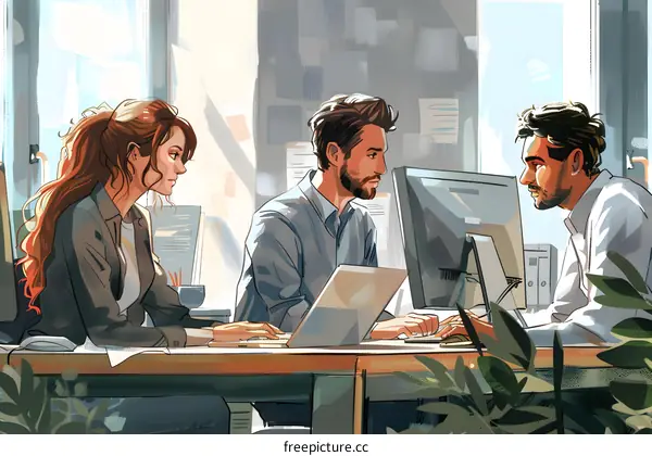 Colleagues discussing a project in an office