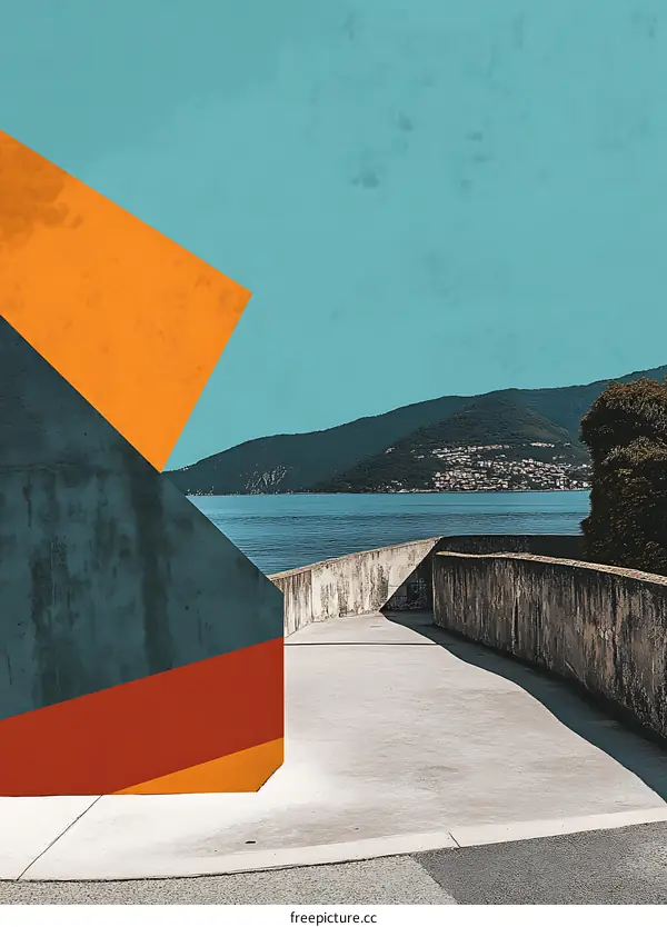 Abstract Geometric Design with Mountains and Sea View