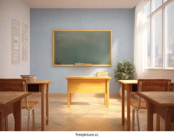 Empty Classroom with Wooden Furniture