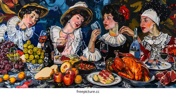 Four Women Dining With Wine and Food