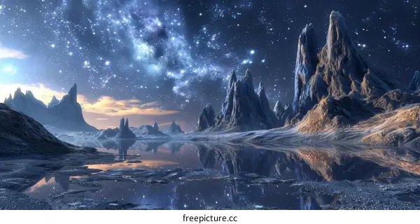 Fantasy Landscape with Starry Sky and Lake