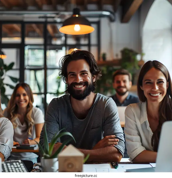 portrait of a group of smiling business people in a modern office