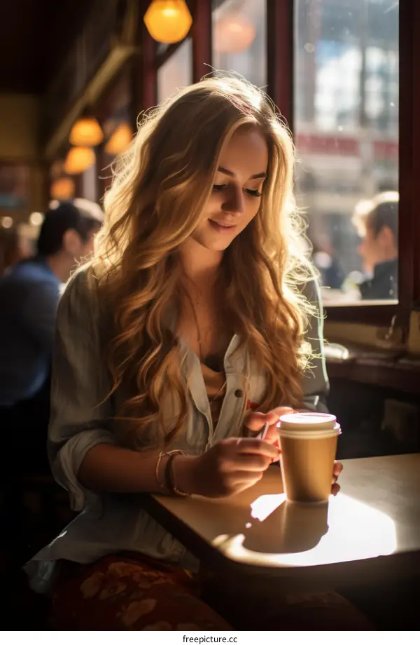 Blonde woman sitting in a cafe looking at her phone