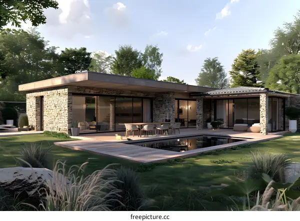 Modern Stone House with Pool and Patio