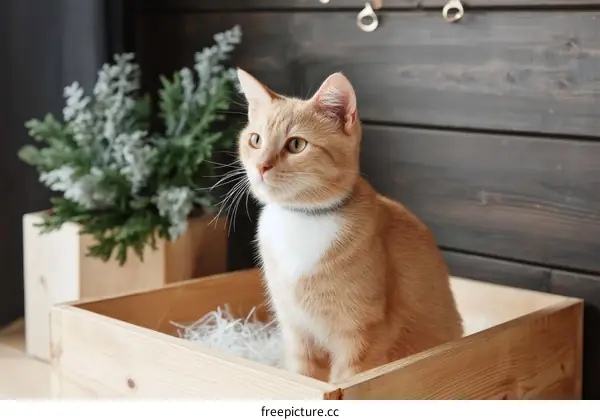 Ginger Cat in Wooden Crate with Decorative Plants