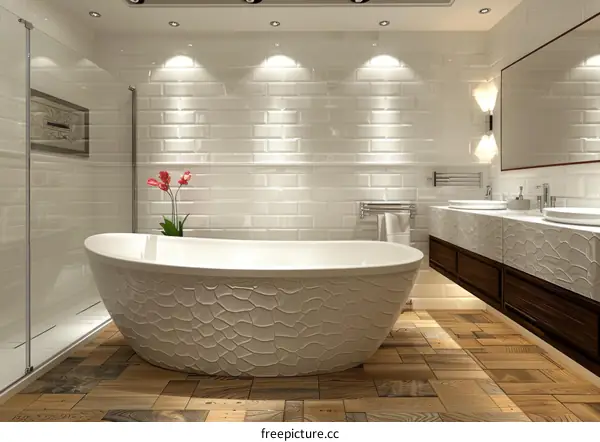 Modern White Bathroom with Wooden Floor and Freestanding Tub