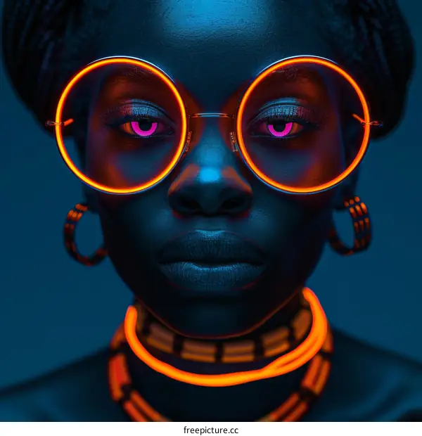 Portrait of a Black Woman with Glowing Glasses and Necklace