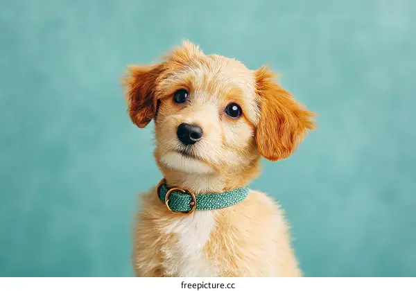 Cute Puppy Portrait Against Teal Background