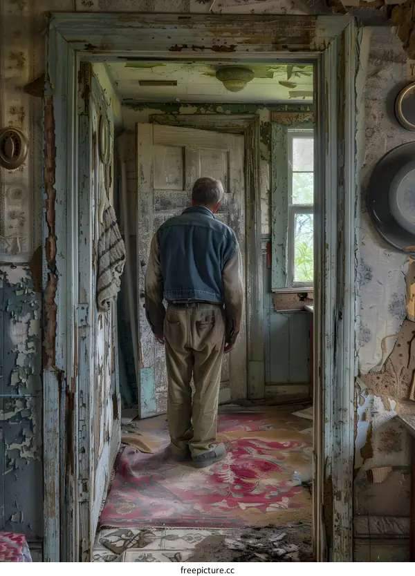 An old man standing in an abandoned house