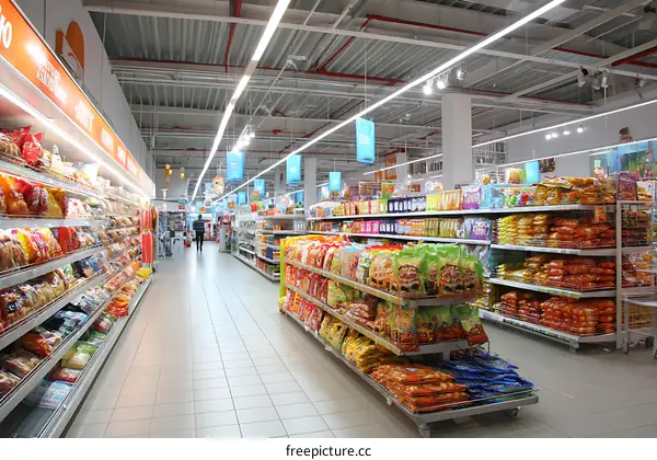 Supermarket Interior with Diverse Food Products and Customers