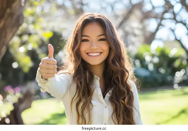 Happy Woman Giving Thumbs Up in Park