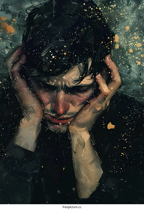 Man in Distress Holding Head with Black Background and Gold Splashes