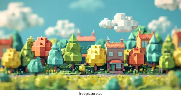 A 3D rendering of a colorful town with trees and houses
