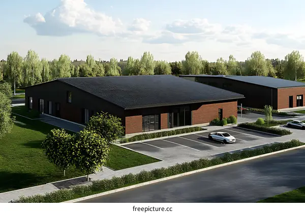 Modern Brick Building With Black Roof And Parking Lot