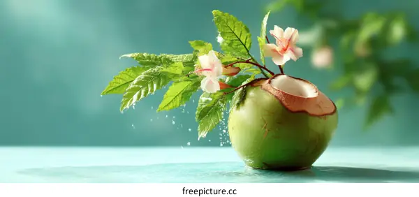 Tropical Coconut with Blooming Flowers