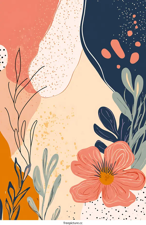 Abstract Floral Illustration with Pink Flower and Shapes